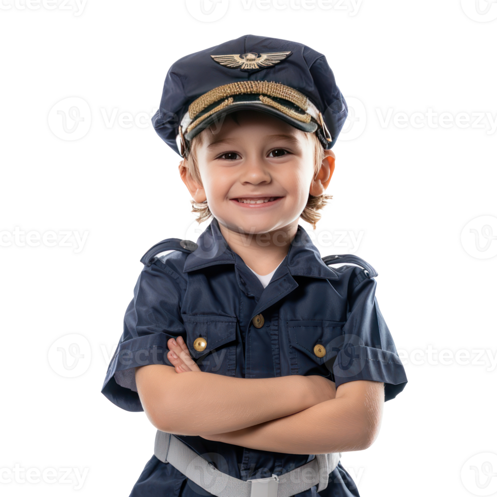 Smiling little boy wearing pilot uniform standing front view isolate on transparency background png