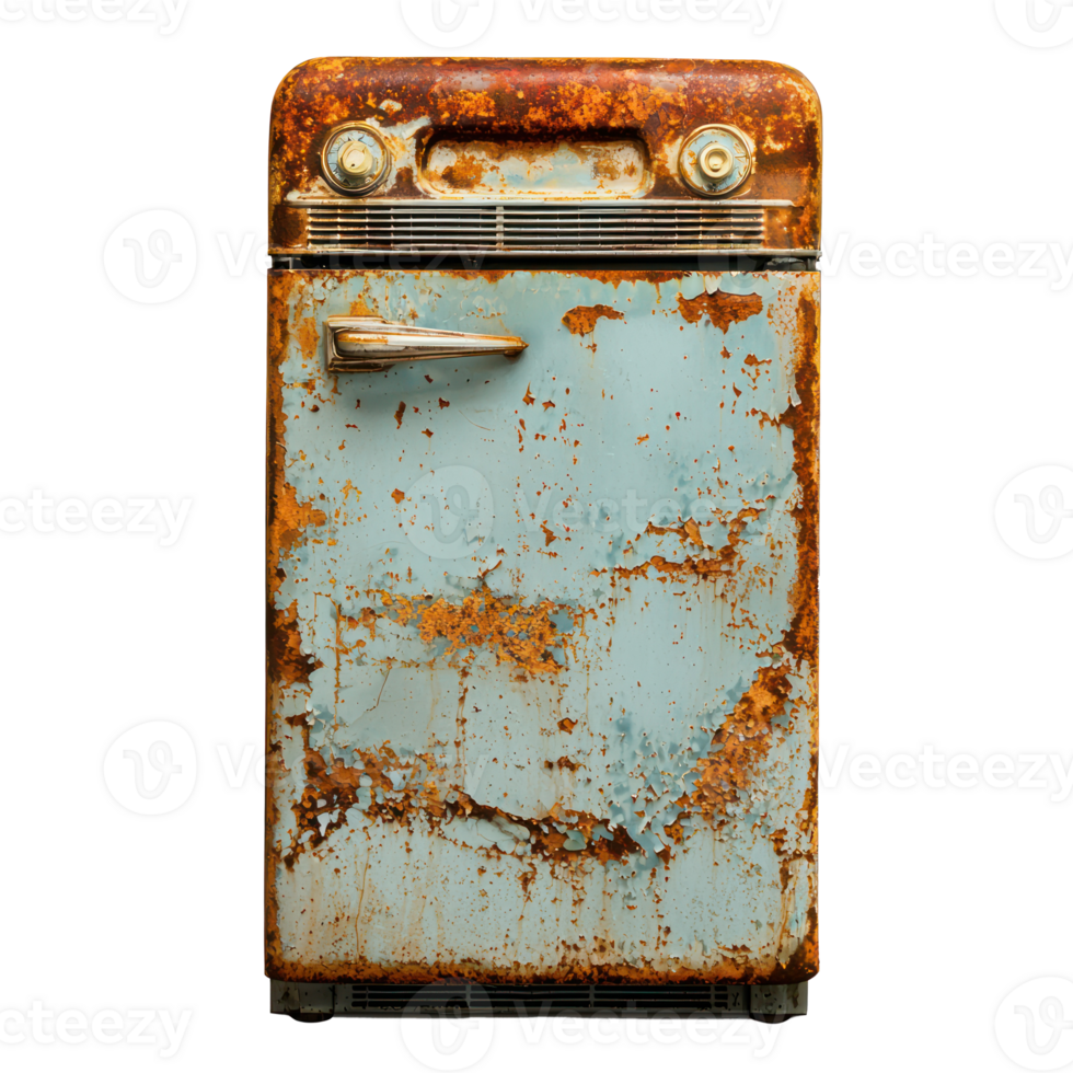 Old broken retro fridge front view isolate on transparency background png