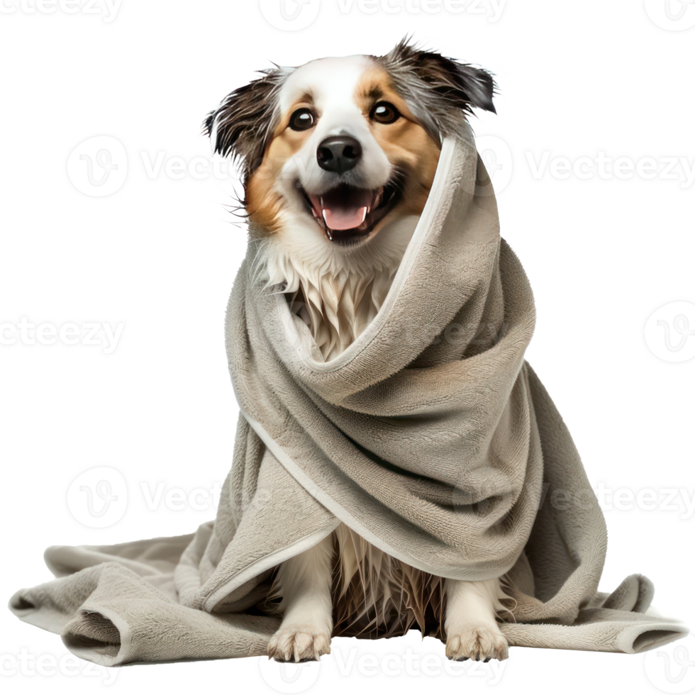 Smiling cute dog sitting with wrap in towel after bathing side view isolate on transparency background png