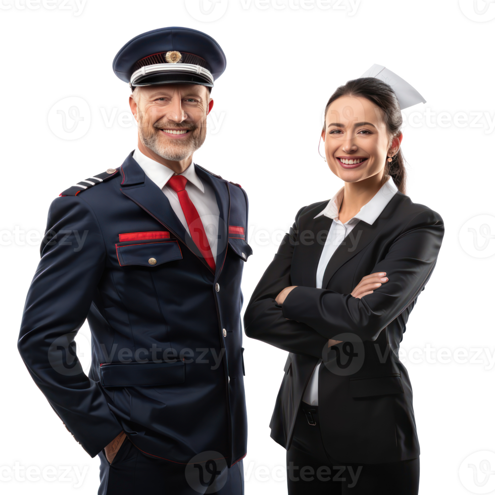 Friendly smiling pilot and flight attendant standing isolate on transparency background png
