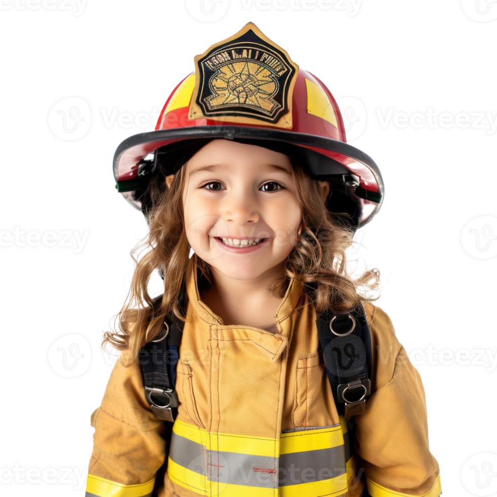 Smiling little girl wearing firefighter uniform standing front view isolate on transparency background png