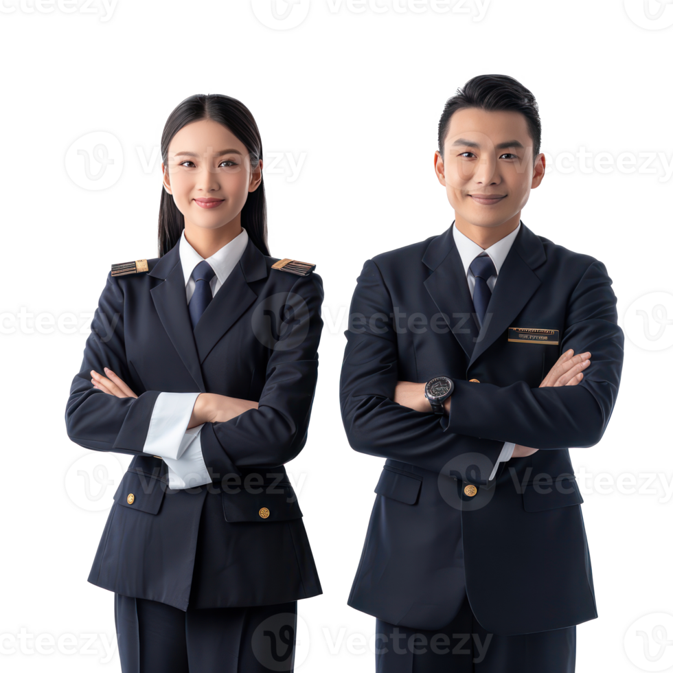 The pilot and flight attendant standing front view isolate on transparency background png