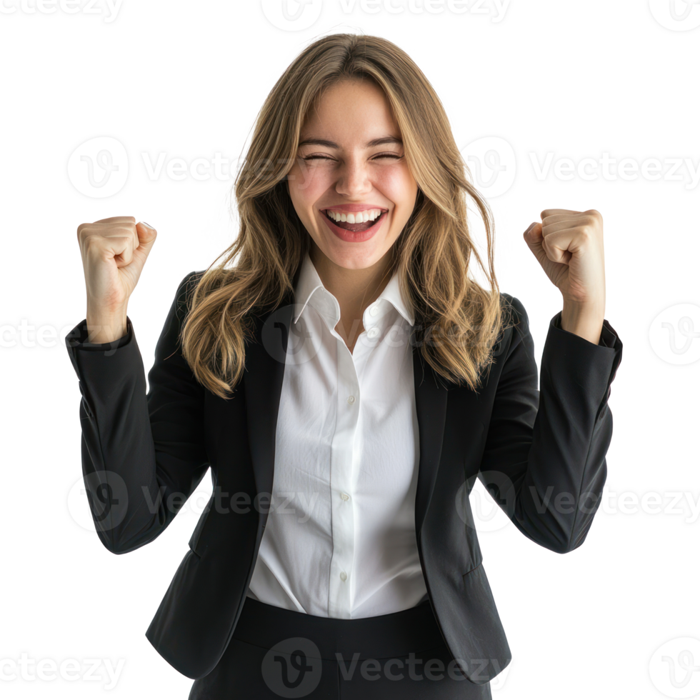 Young business woman with clenching fists gesture and celebrating success isolate on transparency background png