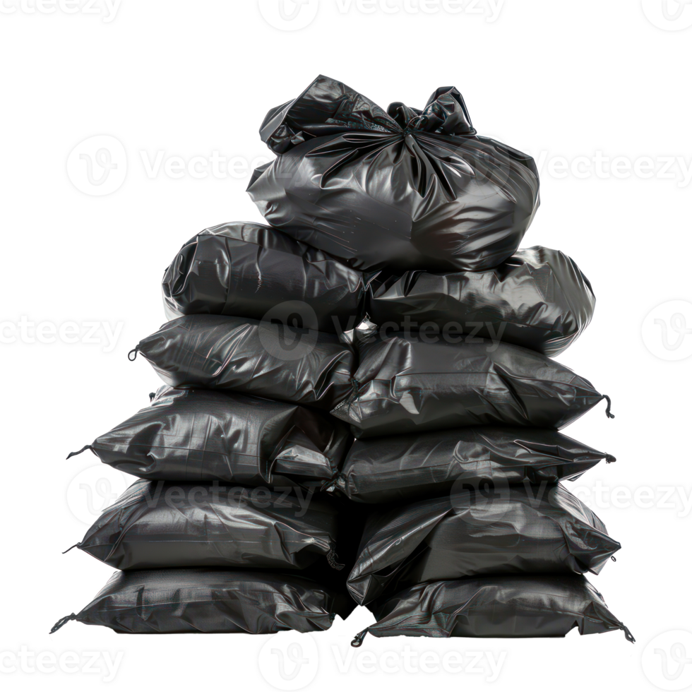 Pile of black big garbage plastic bags front view isolate on transparency background png