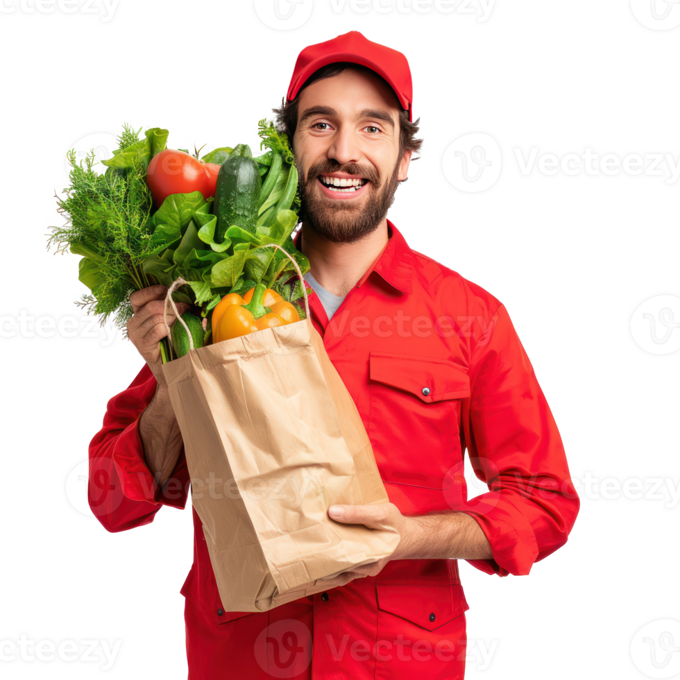 Smiling delivery man with red uniform holding a shopping bag full of vegetable isolate on transparency background png