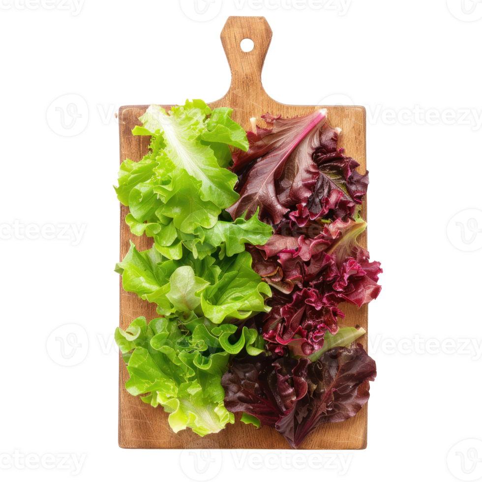 Sliced Green and Red Leaf Lettuce on chopping board isolate on transparency background png