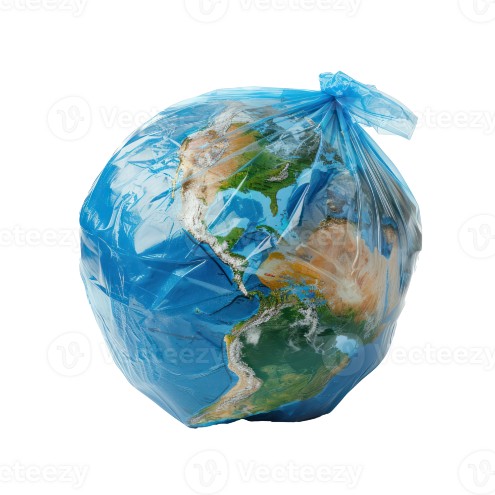 earth globe in a plastic trash bag side view isolate on transparency background png