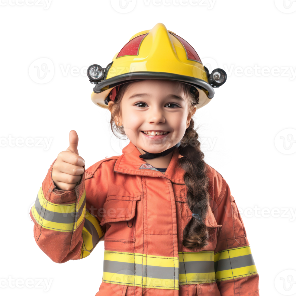 Smiling little girl wearing firefighter uniform standing with hand gesture giving thumb up front view isolate on transparency background png
