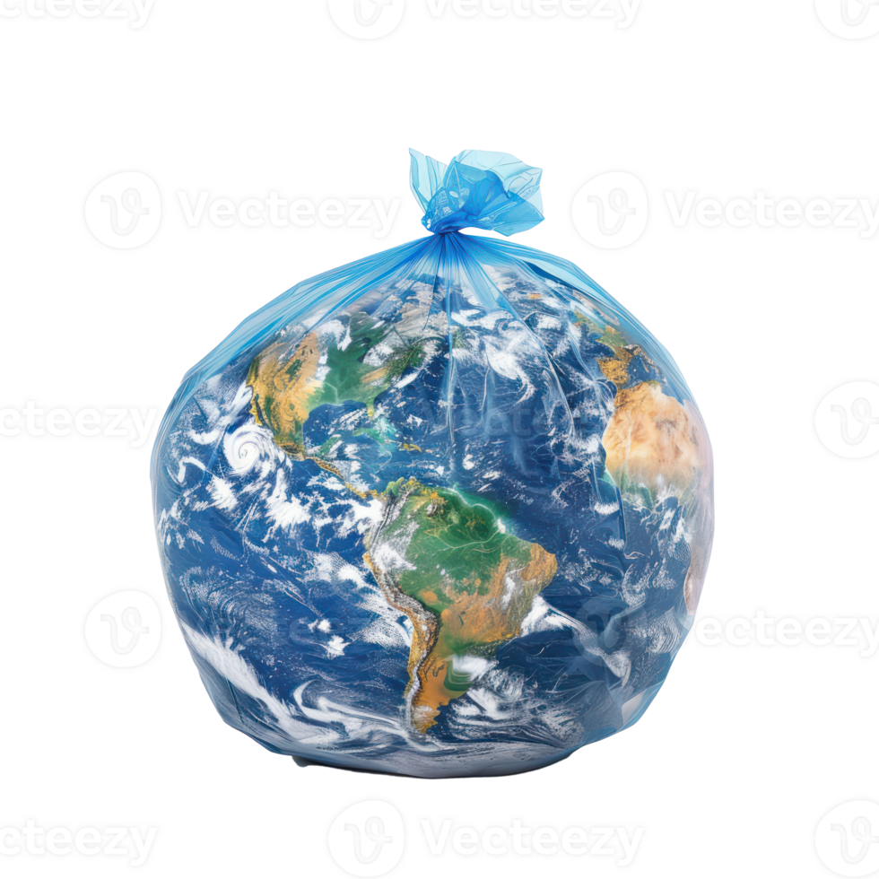 earth globe in a plastic trash bag side view isolate on transparency background png