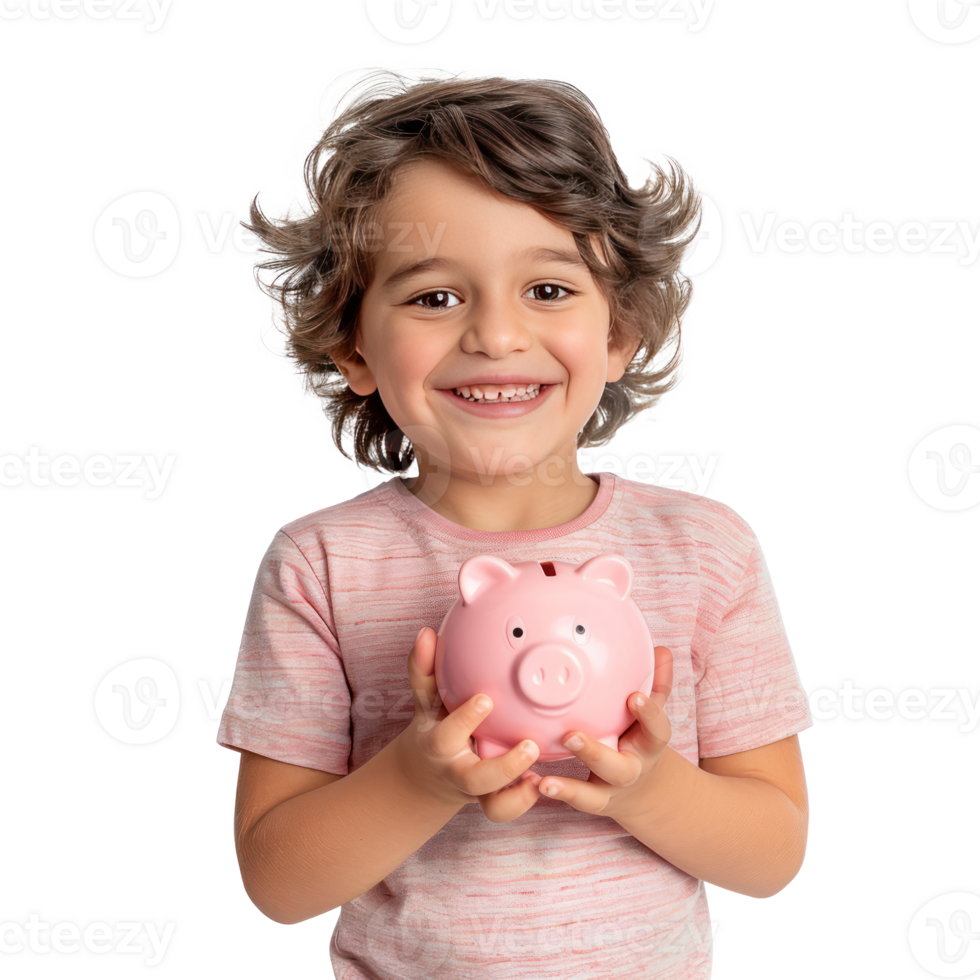 Smiling little boy standing with hand holding piggy bank front view isolate on transparency background png