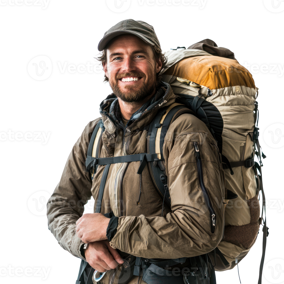 Smiling hiker man carrying backpack isolate on transparency background png