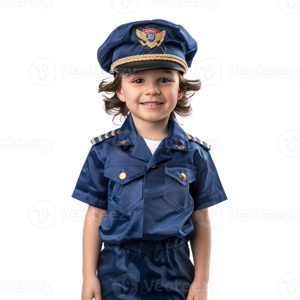 Smiling little boy wearing pilot uniform standing front view isolate on transparency background png