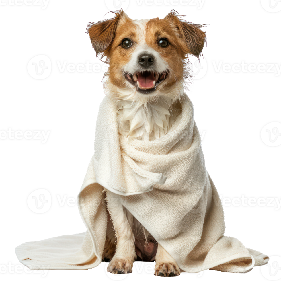 Smiling cute dog sitting with wrap in towel after bathing front view isolate on transparency background png