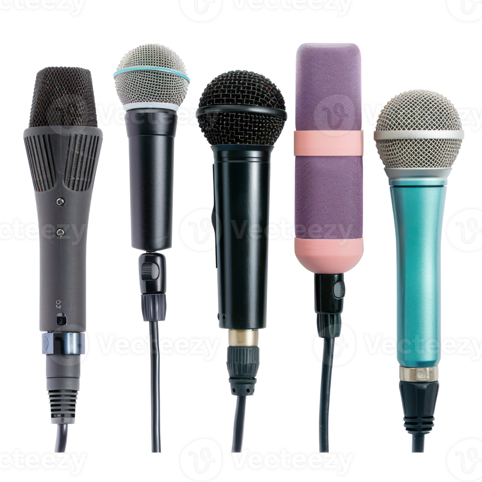 Different type of microphones ready for your audience front view isolate on transparency background png