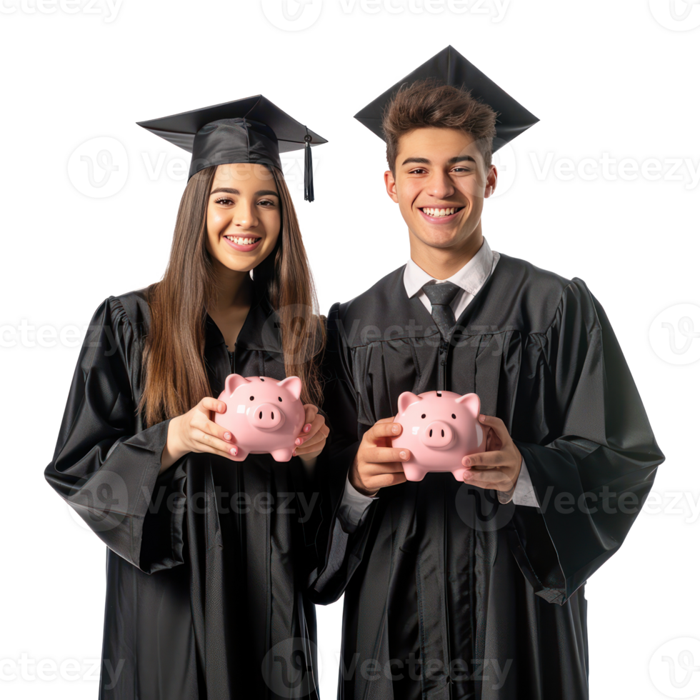Smiling young man and woman wearing graduation gown uniform standing with hand holding piggy bank front view isolate on transparency background png