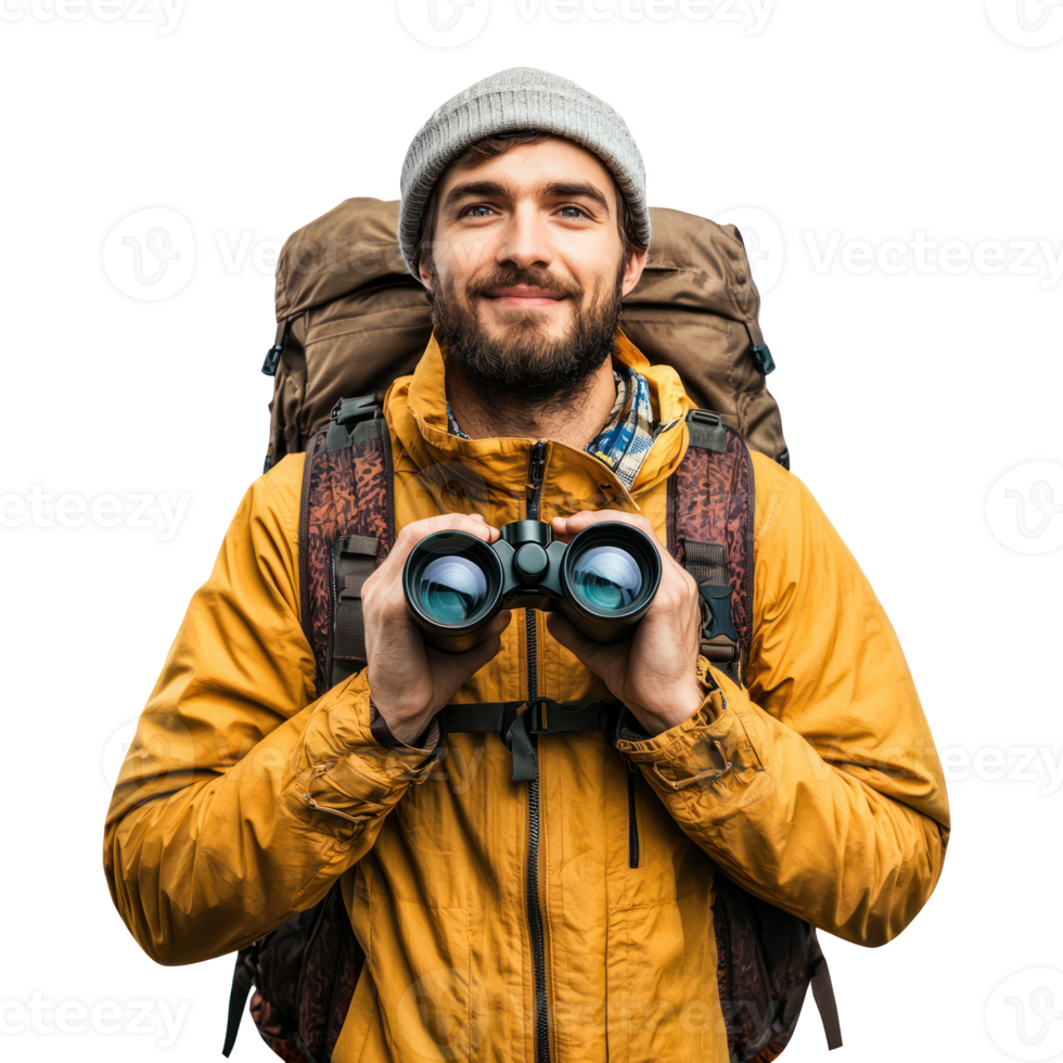 Young hiking man holding binoculars front view isolate on transparency background png