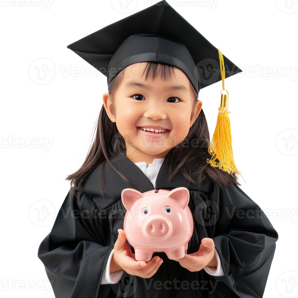 Smiling little girl wearing graduation gown uniform standing with hand holding piggy bank isolate on transparency background png