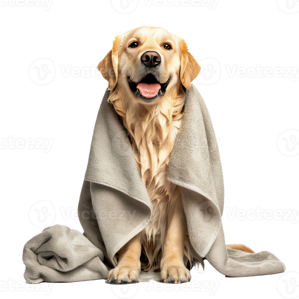 Smiling cute dog sitting with wrap in towel after bathing front view isolate on transparency background png