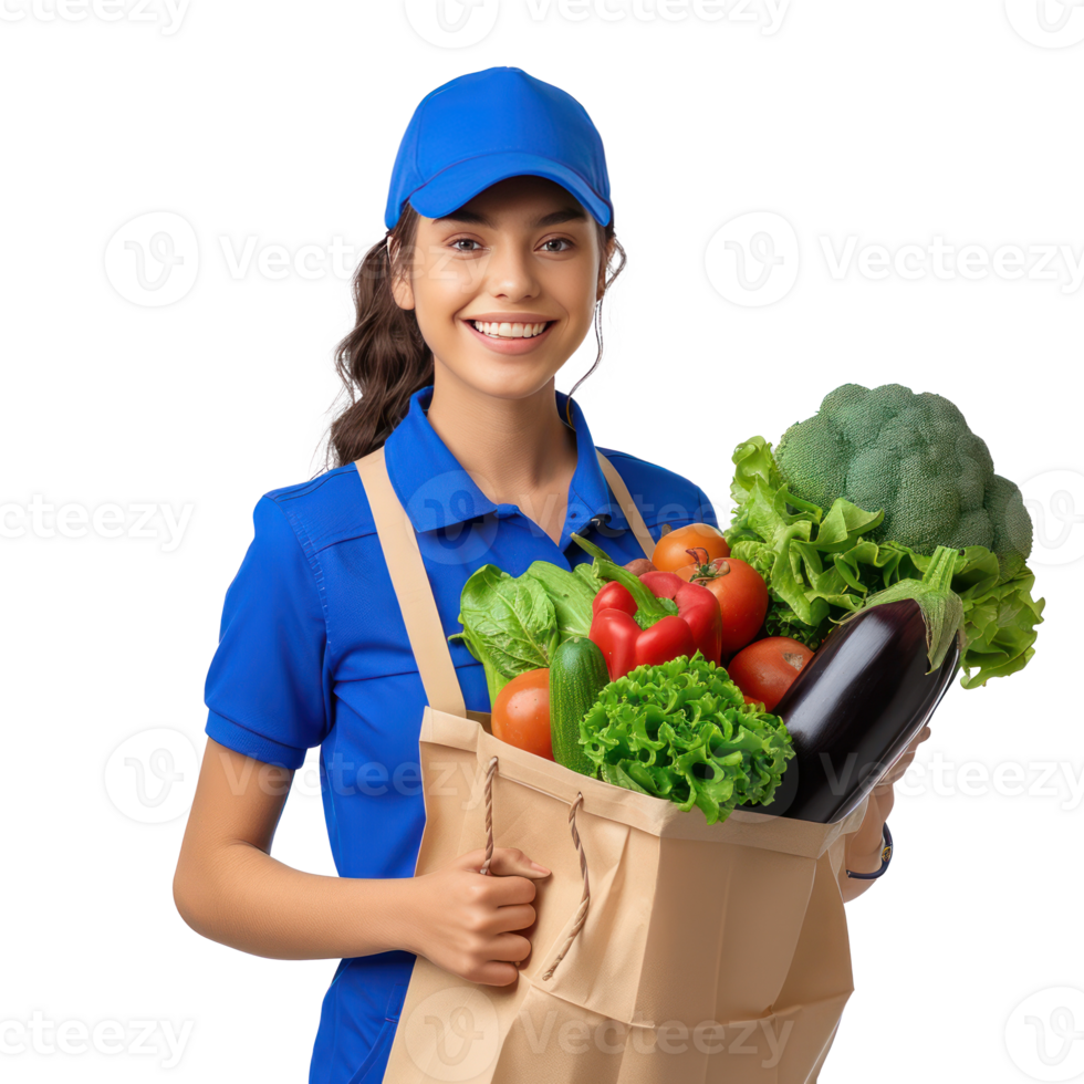Smiling delivery woman with blue uniform holding a shopping bag full of vegetable isolate on transparency background png