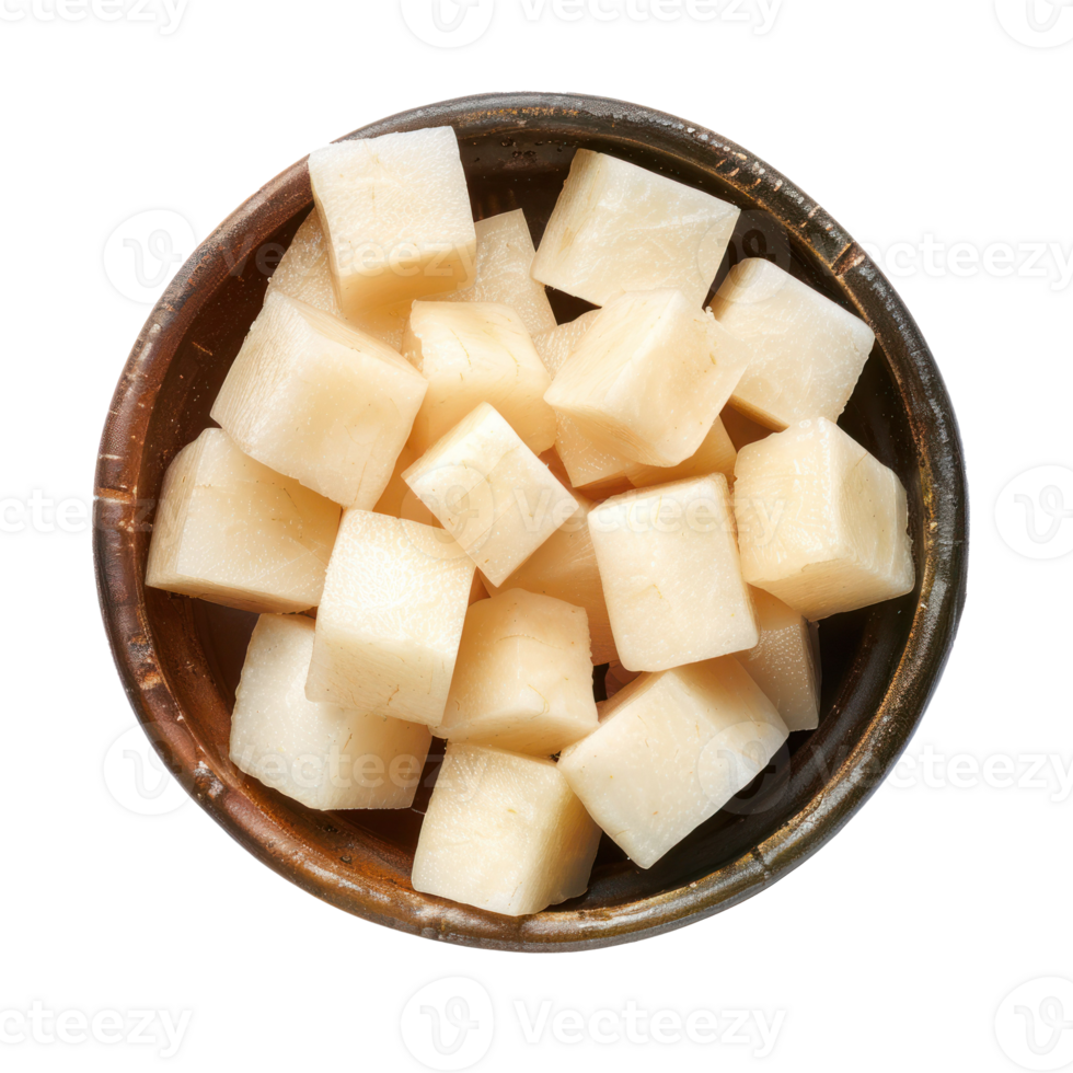 Cubes of Jicama in a bowl top view isolate on transparency background png