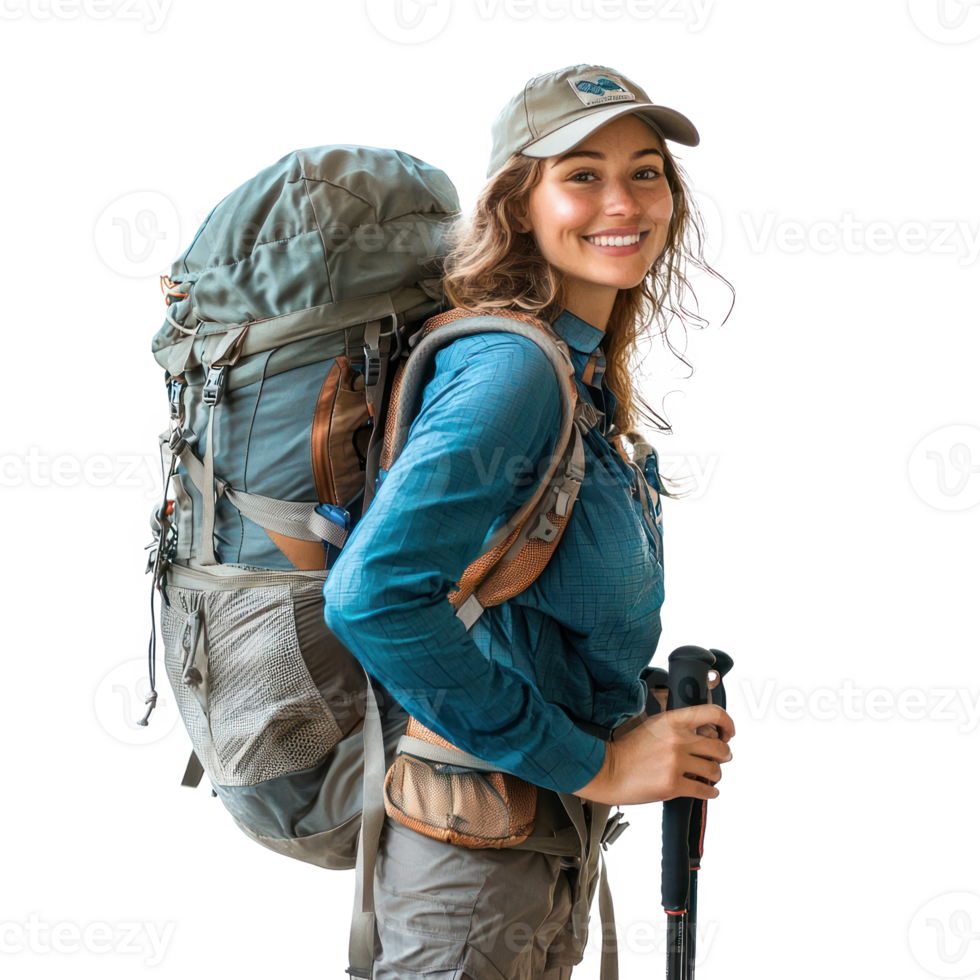 Smiling hiker woman carrying backpack side view isolate on transparency background png