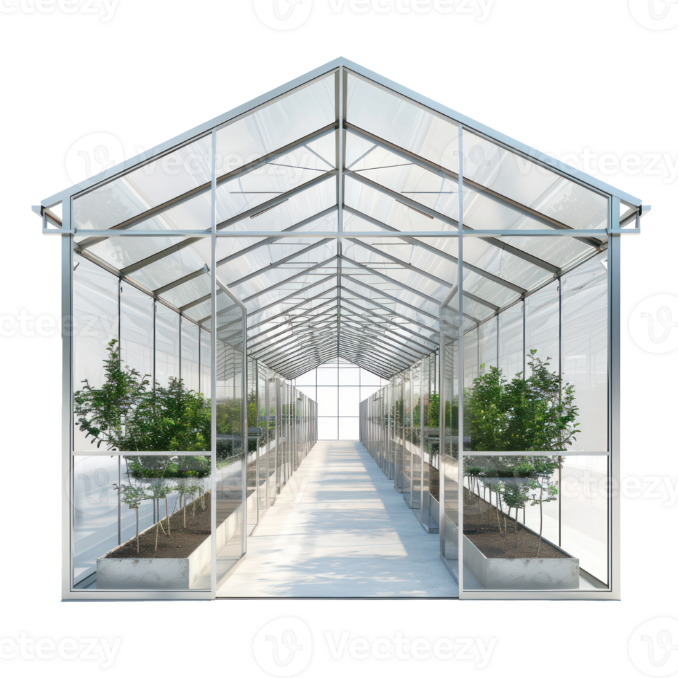 Long greenhouse empty inside, 3d rendering isolate on transparency background png
