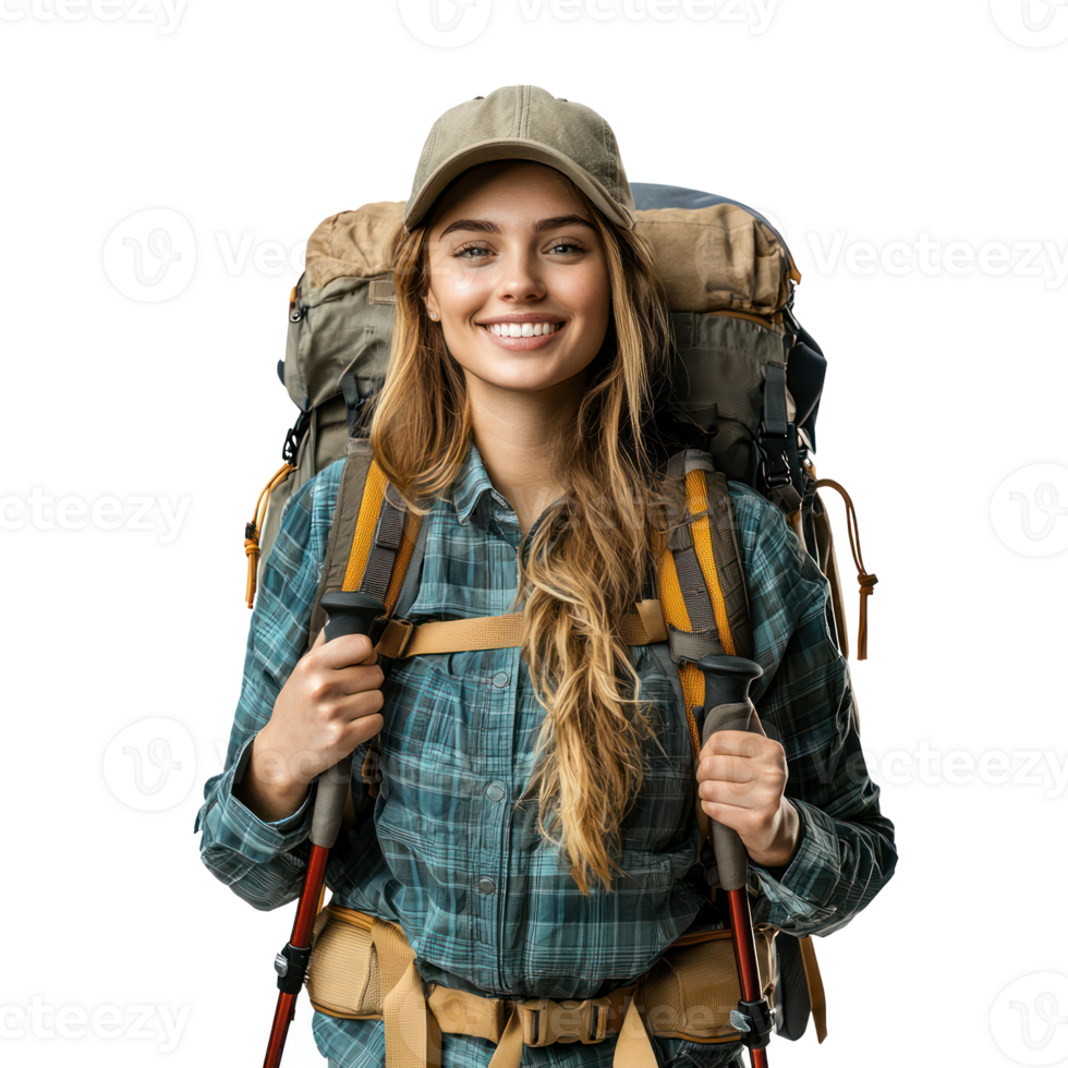 Smiling hiker woman carrying backpack front view isolate on transparency background png