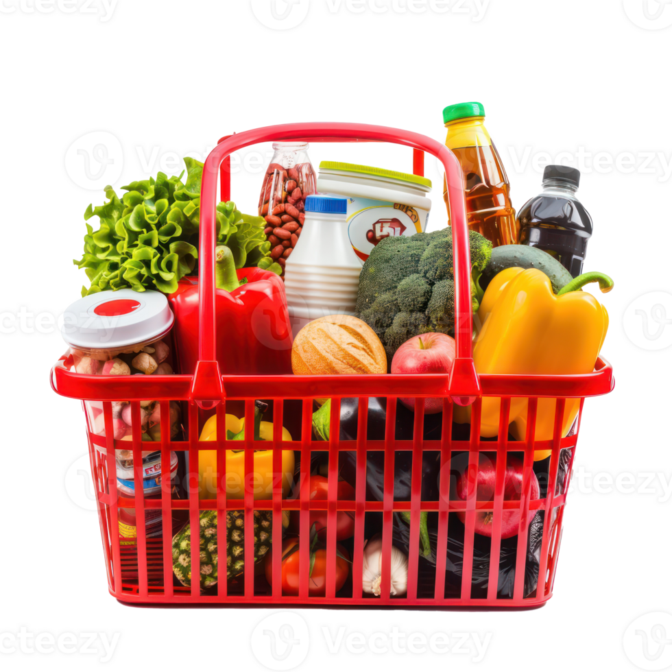 Red plastic Shopping basket with variety of grocery products front view isolate on transparency background png