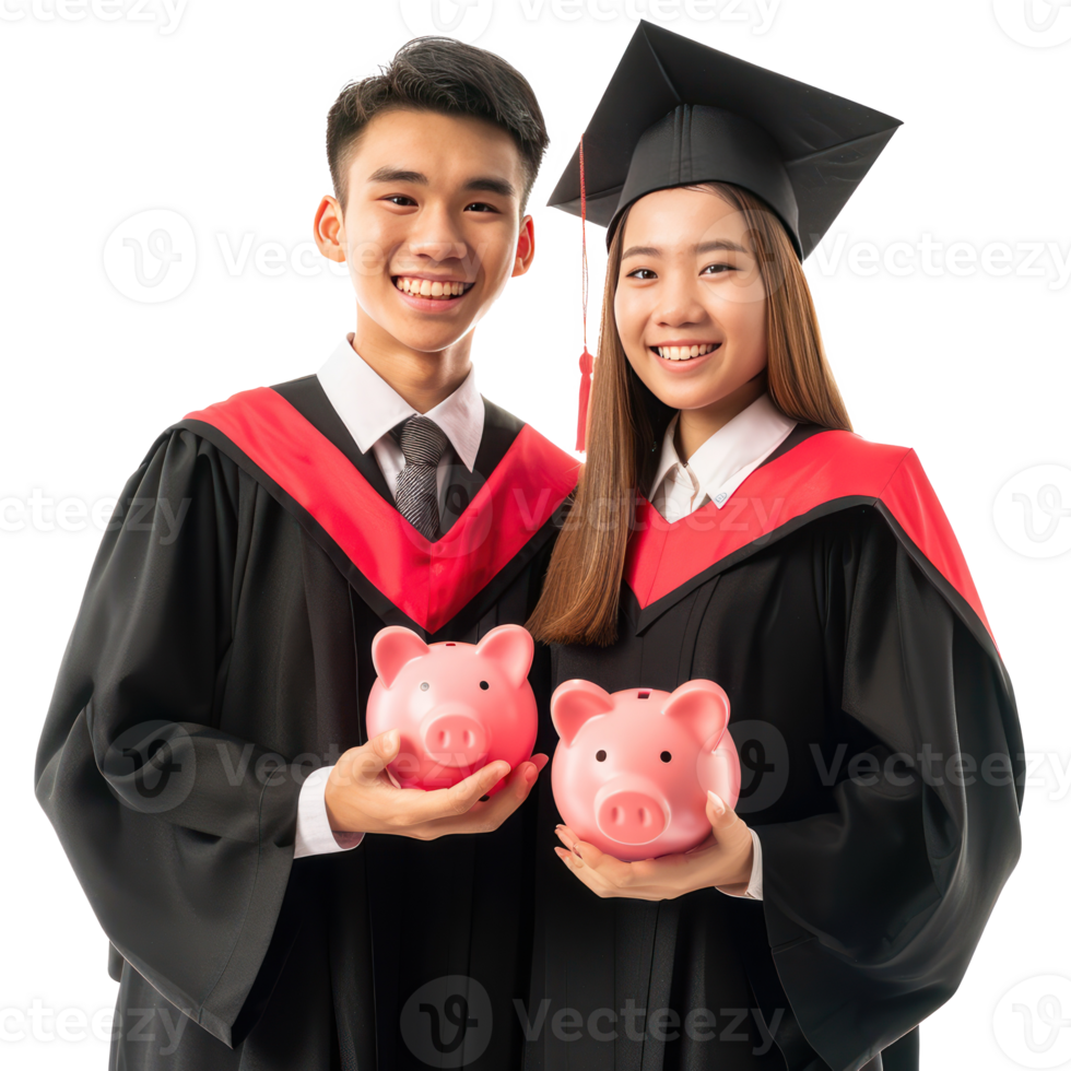 Smiling young man and woman wearing graduation gown uniform standing with hand holding piggy bank front view isolate on transparency background png