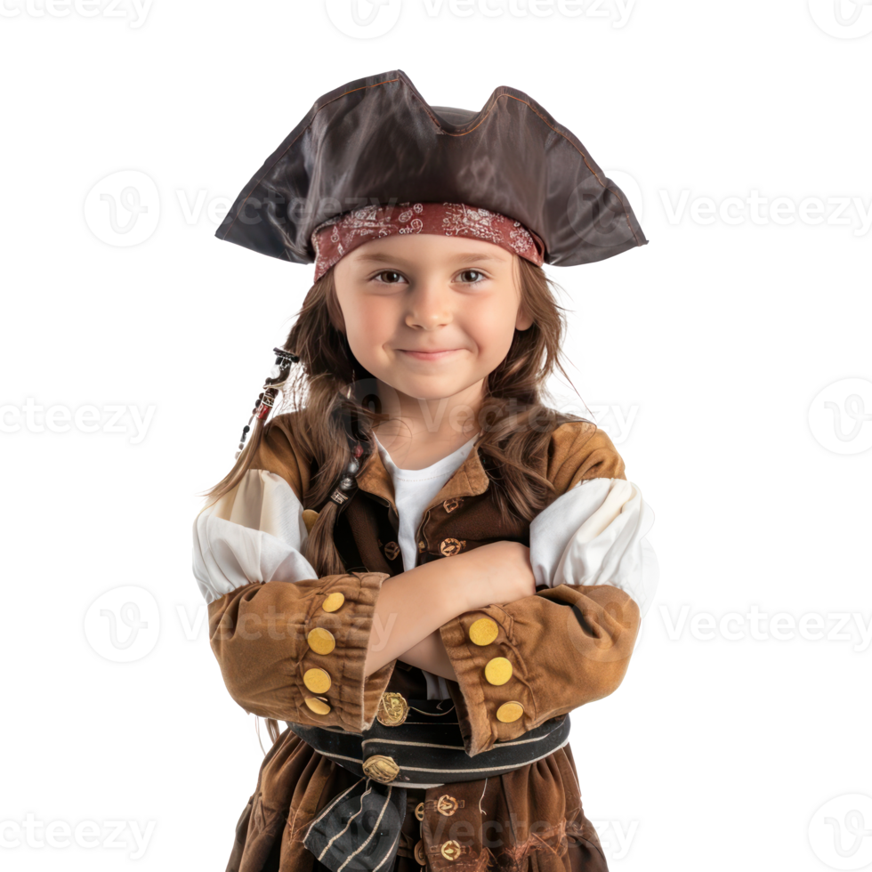 Smiling little girl wearing pirate uniform with hand gesture front view isolate on transparency background png