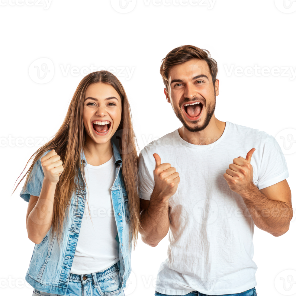 Excited young couple rejoicing success gesture, standing isolate on transparency background png