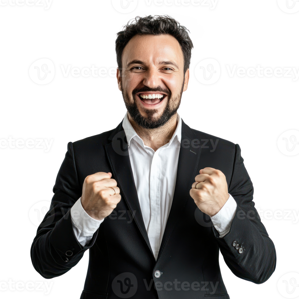Businessman with clenching fists gesture and celebrating success front view isolate on transparency background png
