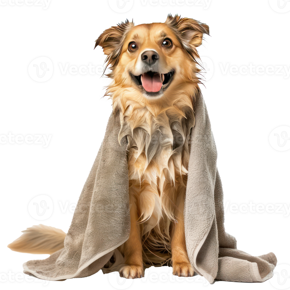 Smiling cute dog sitting with wrap in towel after bathing side view isolate on transparency background png