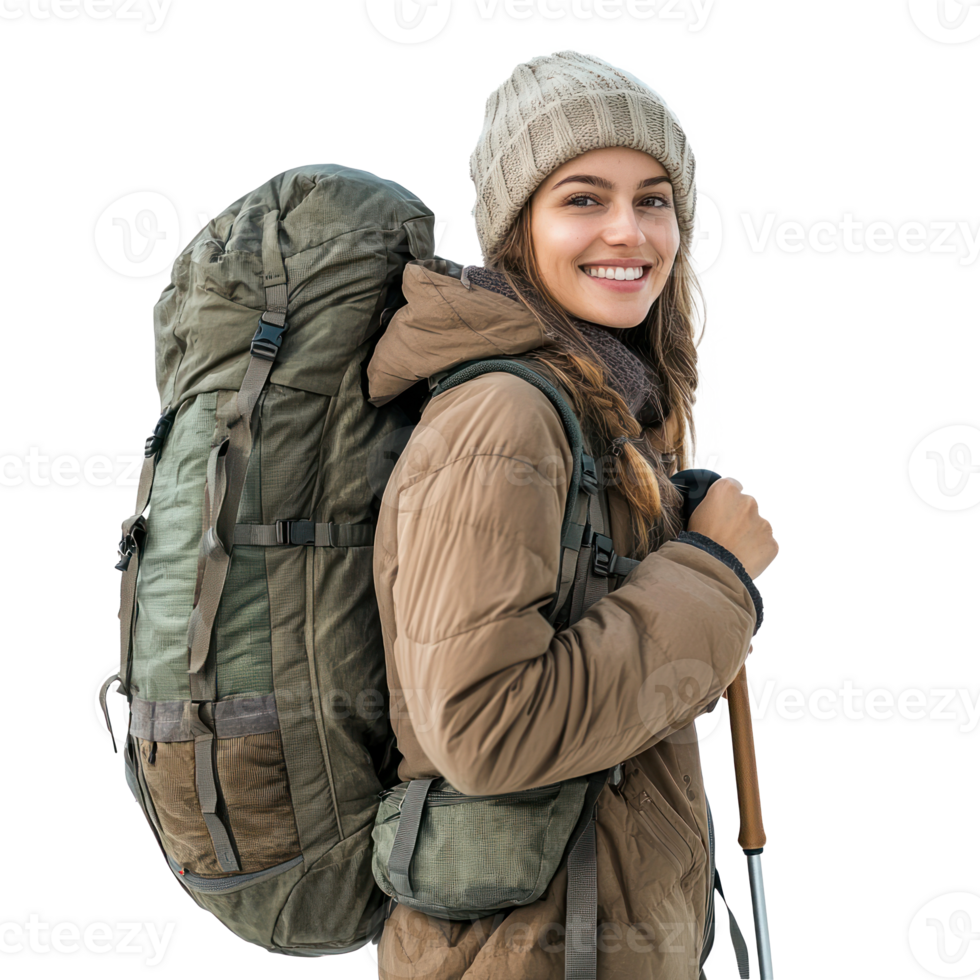 Smiling hiker woman carrying backpack side view isolate on transparency background png