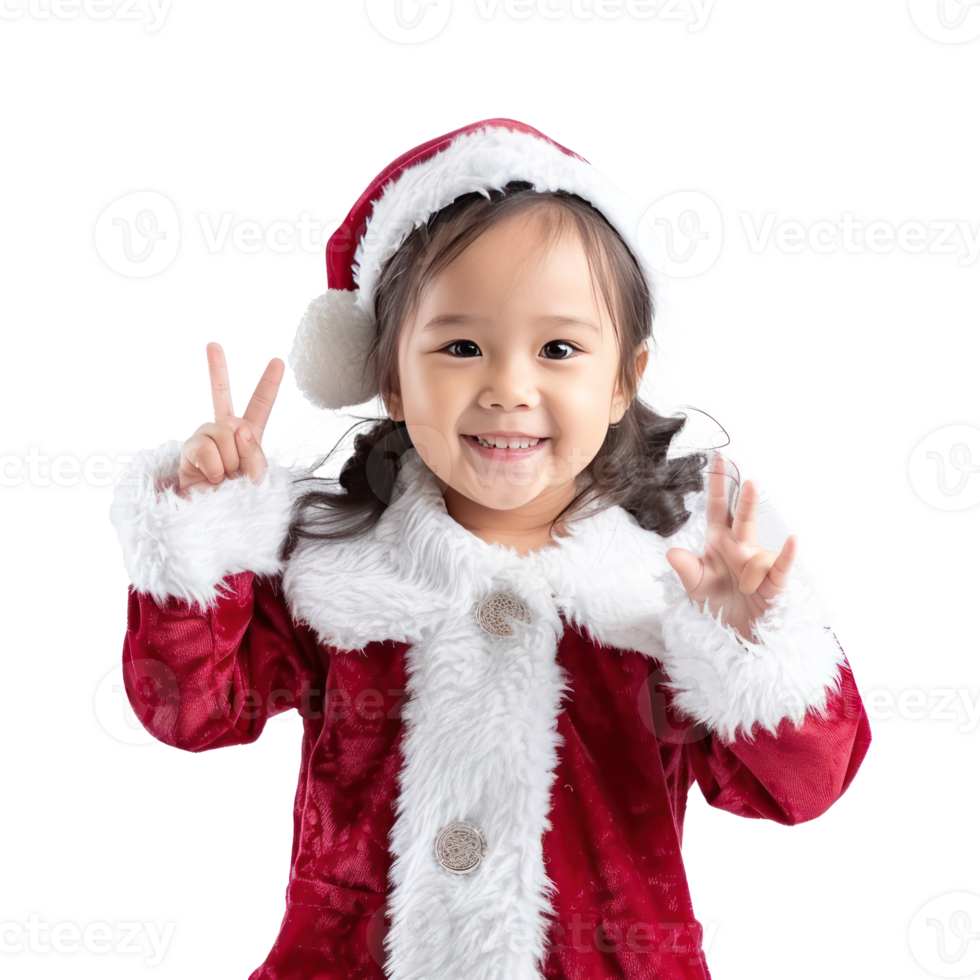 Smiling little girl in a Santa Claus costume with hand gesture front view isolate on transparency background png