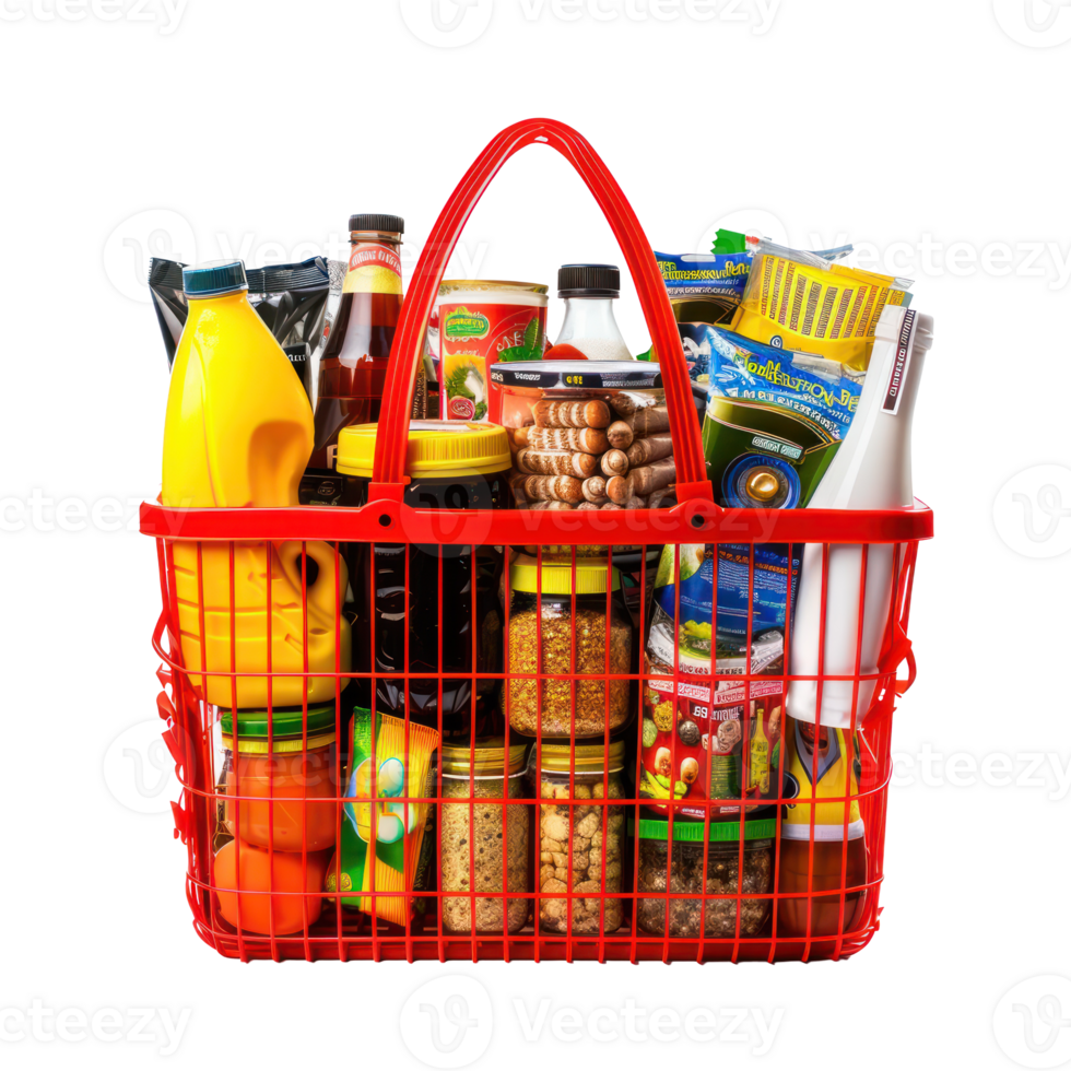 Shopping basket with variety of grocery products front view isolate on transparency background png