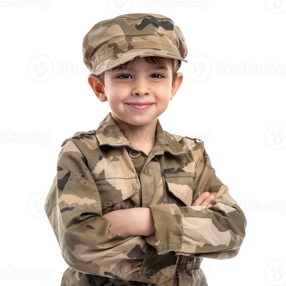 Smiling little boy wearing soldier uniform standing isolate on transparency background png