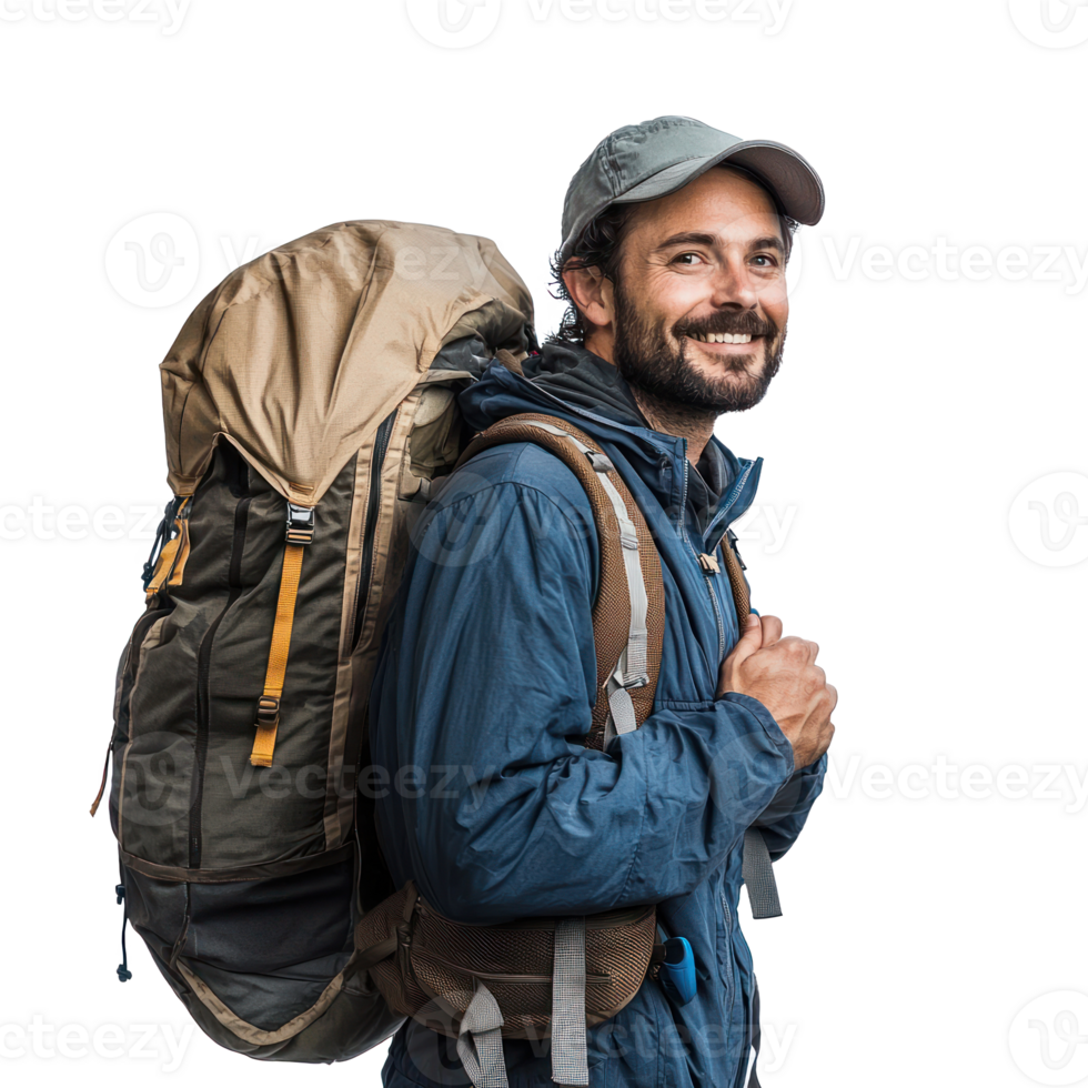Smiling hiker man carrying backpack side view isolate on transparency background png
