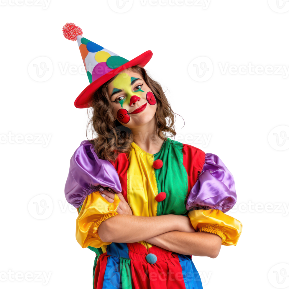 Smiling young female in clown costume acting surprise standing side view isolate on transparency background png