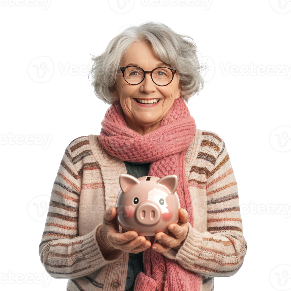 Smiling senior woman holding piggy bank isolate on transparency background png