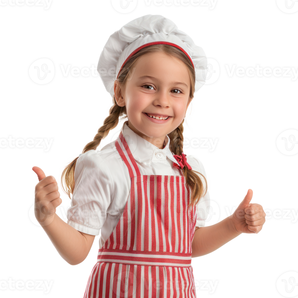 Smiling little girl wearing hostess uniform with hand gesture giving thumb up side view isolate on transparency background png