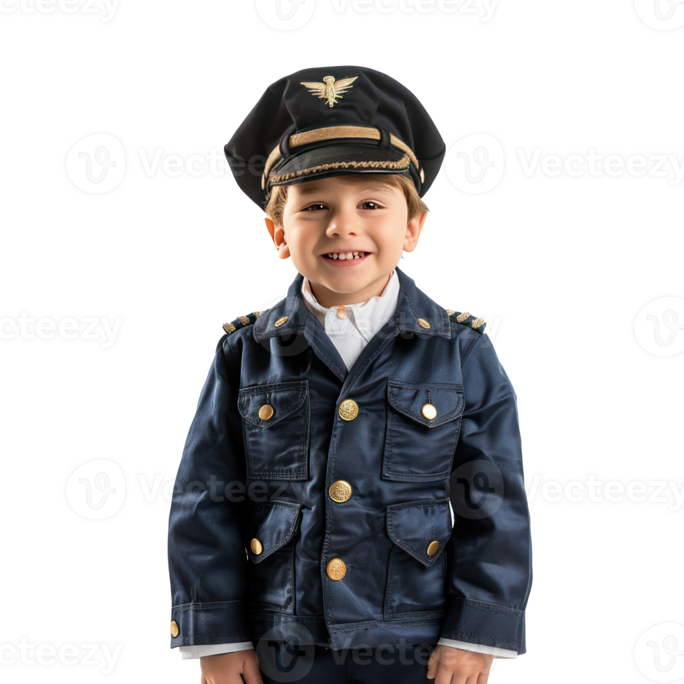 Smiling little boy wearing pilot uniform standing isolate on transparency background png