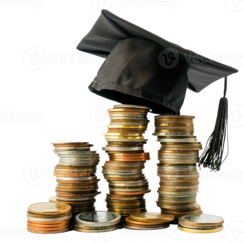 Graduate hat on Stack Of Coins, Education And Savings Concept isolate on transparency background png