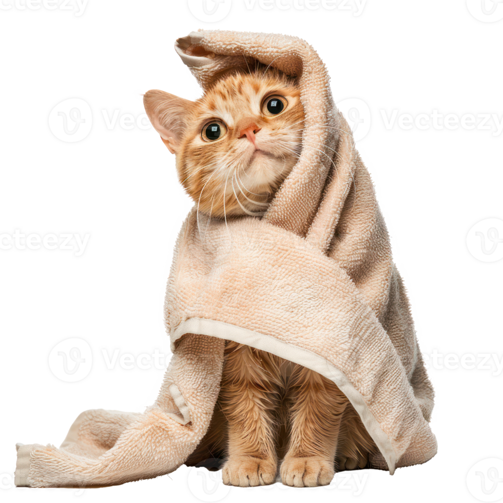 Smiling cute cat wrap in towel after bathing isolate on transparency background png