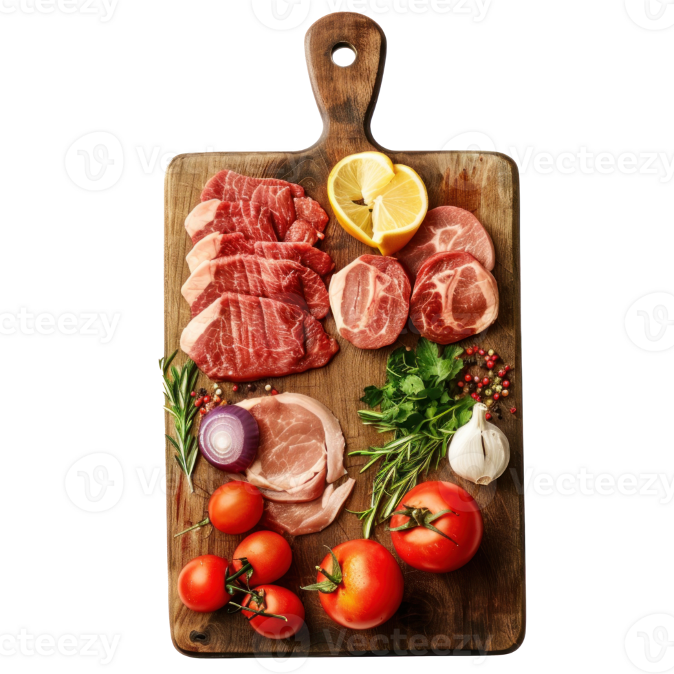 Cutting Board with meat top view full length isolate on transparency background png