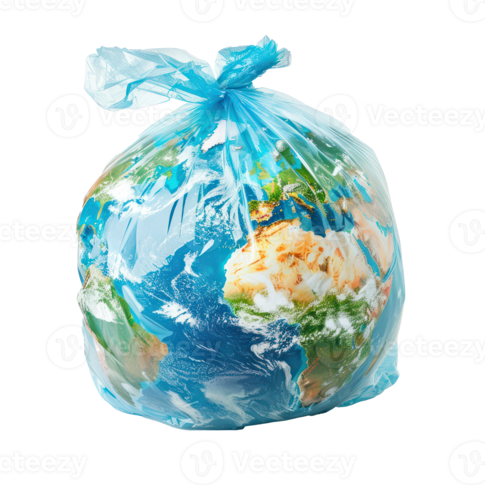 earth globe in a plastic trash bag side view isolate on transparency background png