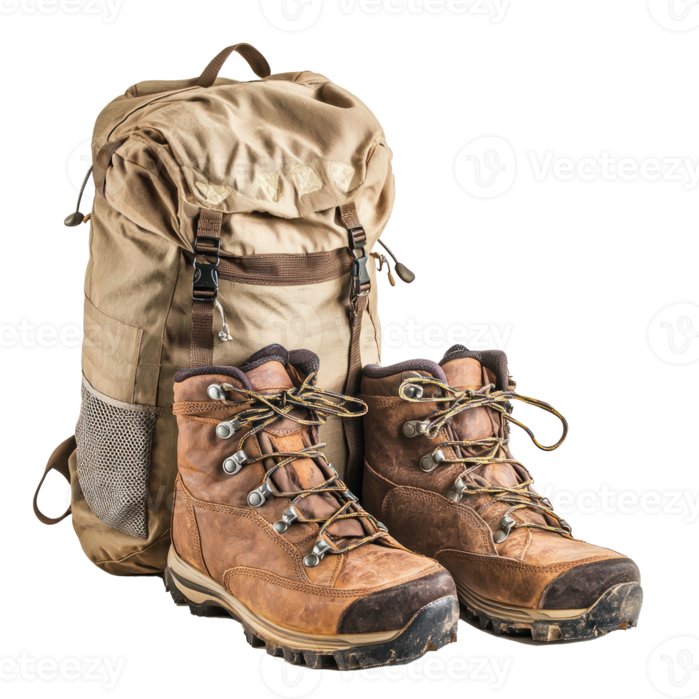 hiking boots and backpack front view isolate on transparency background png
