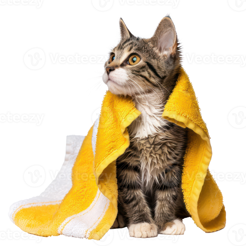 Smiling cute cat wrap in towel after bathing side view isolate on transparency background png