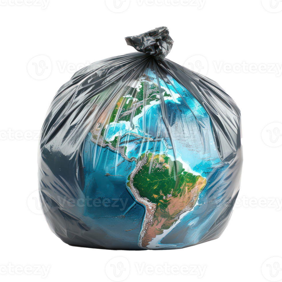 earth globe in a plastic trash bag isolate on transparency background png