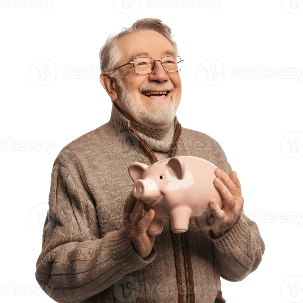 Smiling senior man holding piggy bank side view isolate on transparency background png